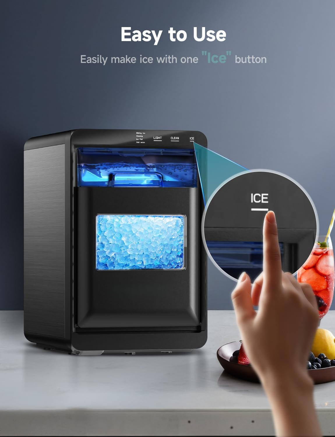 44Lbs/24H Pebble Ice Maker, Self-Cleaning Sonic Countertop Ice Machine for Home Kitchen Office
