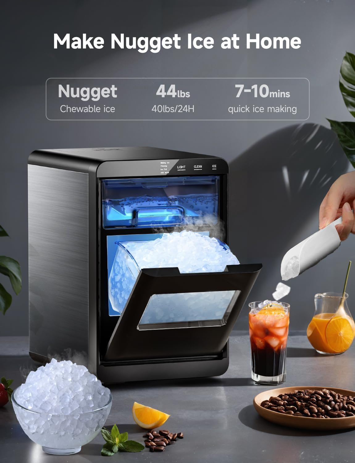44Lbs/24H Pebble Ice Maker, Self-Cleaning Sonic Countertop Ice Machine for Home Kitchen Office