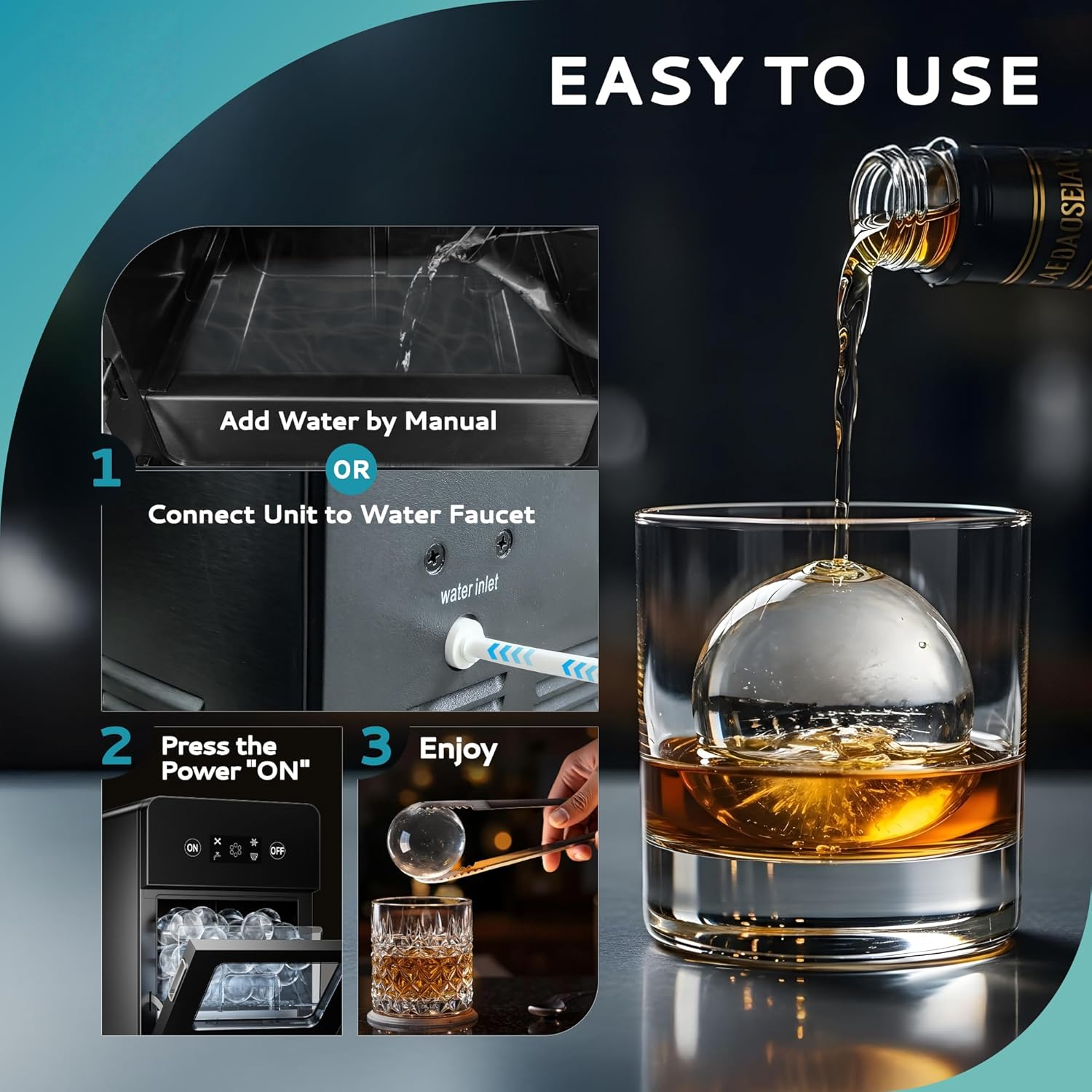 Crystal Clear Ice Ball Maker Countertop, 144Pcs/Day, Self-Cleaning Sphere Ice Machine