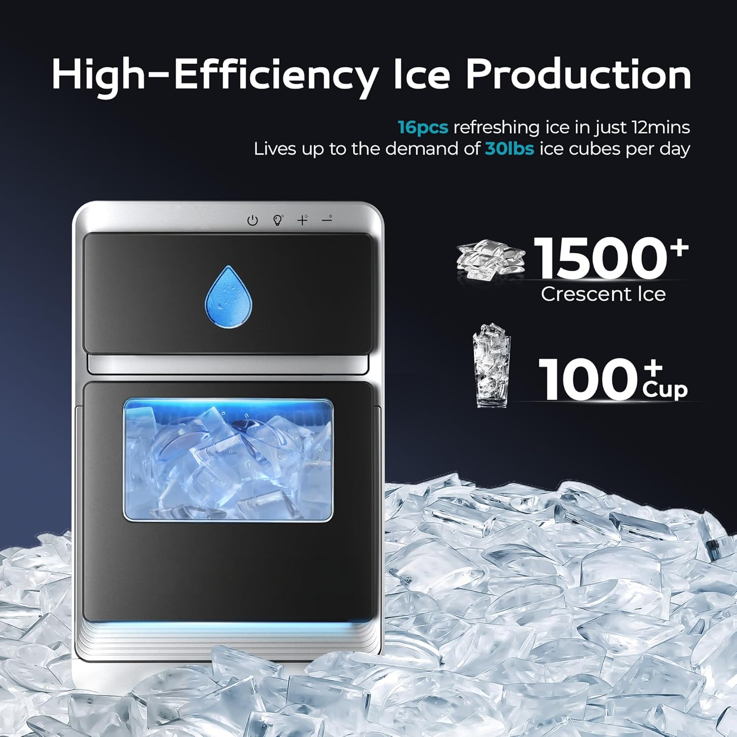 Countertop Crescent Ice Maker, 1600Pcs/Day, 12 Mins Fast Ice, Auto-Cleaning with Timer, Portable Clear Ice Machine for Whiskey, Coffee & Drinks