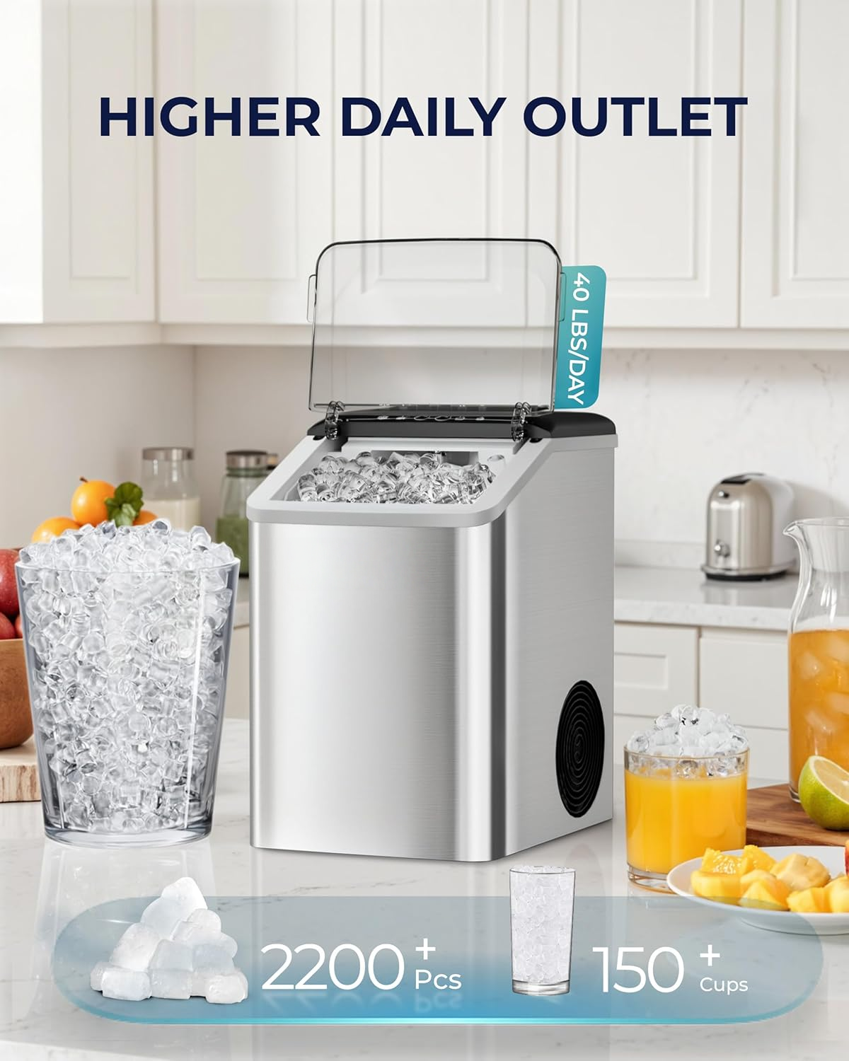 Compact Countertop Nugget Ice Maker, 40lbs/Day Auto-Cleaning, Soft Chewable Ice Machine with Basket & Scoop