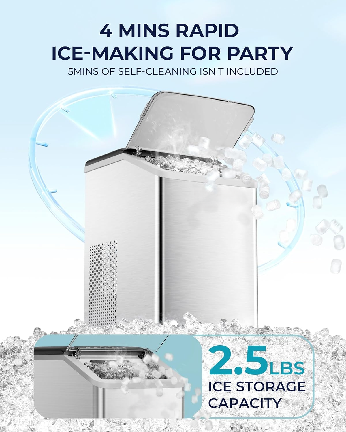 Compact Countertop Nugget Ice Maker, 40lbs/Day Auto-Cleaning, Soft Chewable Ice Machine with Basket & Scoop